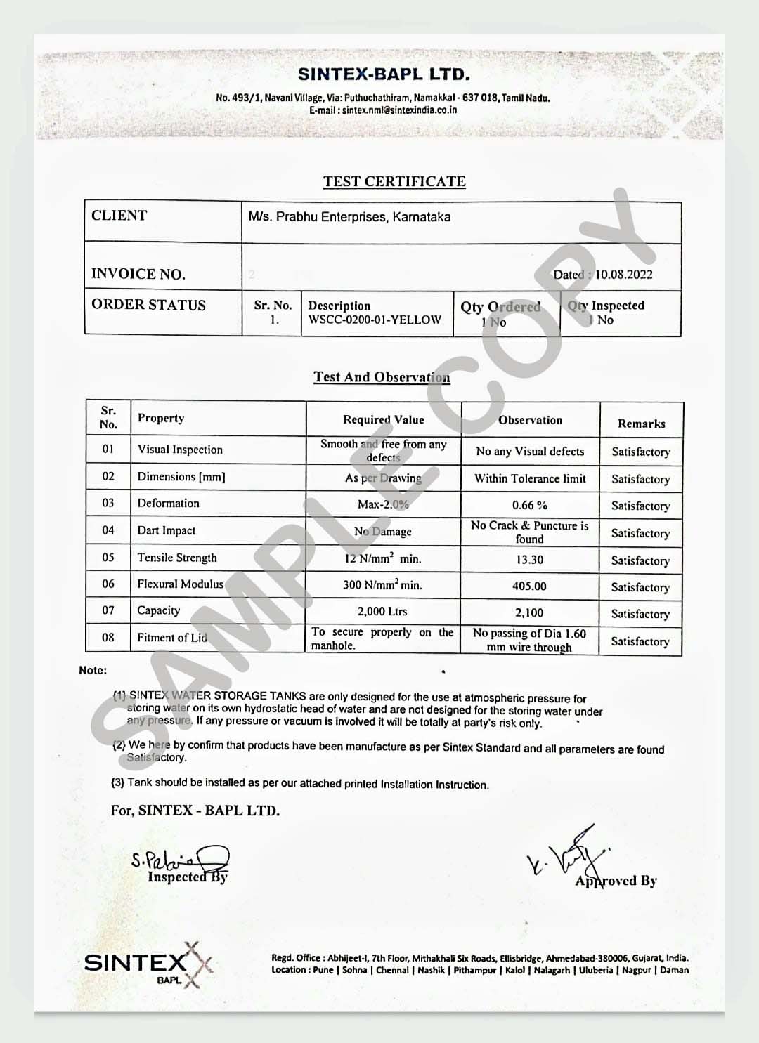 sintex test certificate format for governament projects